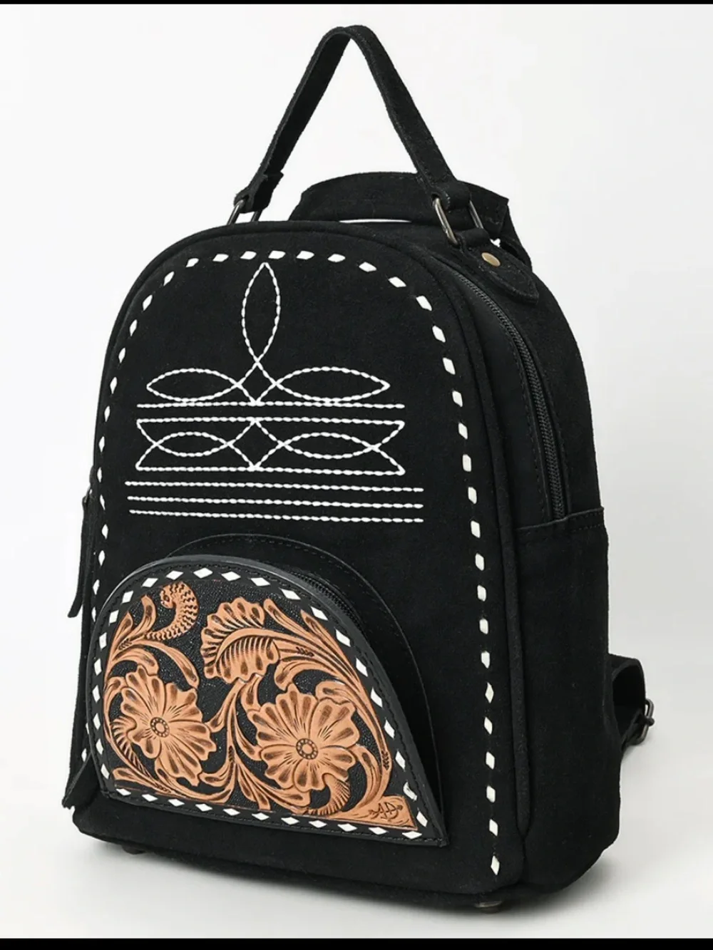 Black Suede Mini Backpack with Floral Leather Accent